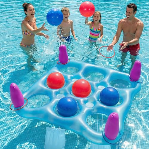 2 in 1 Pool Toys Games Set Inflatable Pool Float with 10 Balls & 8 Rings Tic-Tac-Toe Pool Games, Fun Summer Party Beach Outdoor Yard Game - color: Blue