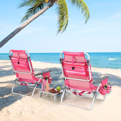 Tangkula Backpack Beach Chair with Table, 5-Position Lay Flat Beach Chairs with Cooler Bag, 2 Cup Holders, Towel Bar, Lightweight Low Folding Beach Chair with Backpack Straps - color: Pink Stripe, style: 2 Pack with Table