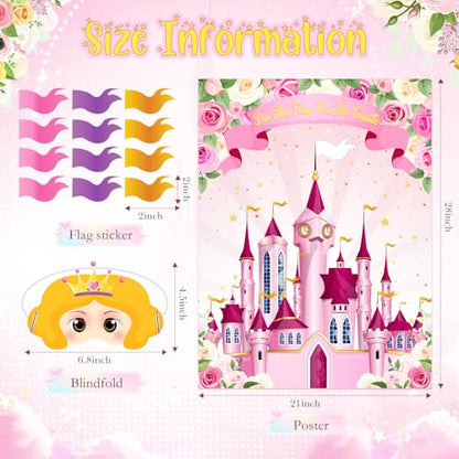 Faccito Princess Party Games Pin The Flag on The Castle Birthday Pin Games Set Include Pink Castle Poster 24 Flag Stickers 2 Blindfolds for Princess Birthday Tea Party Decorations Activities Supplies - style: Princess