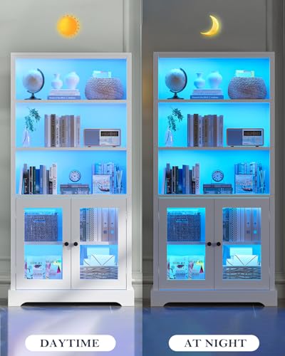 TVU 5-Tier Bookshelf, 65" Bookshelf with Multi-Color Ambient Lights (APP Remote Control), Tall Vertical Display Shelf with Cabinet Doors, Suitable for Living Room, Bedroom, Study, Office, White - color: White