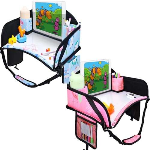 2PCS Kids Travel Tray, Car Seat Tray for kids Travel, Toddler Road Trip Essentials With Drawing Kit, Toddler Lap Desk Organizer for Car, Carseat Table for Airplane - color: Light Pink/Blue-2PCS