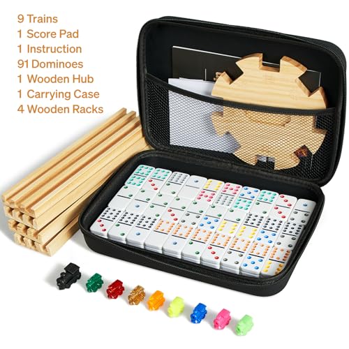 ELONGDI Mexican Train Double 12 Dominoes Set with 4 Wooden Trays/Racks in Portable Carrying Case Colorful 91 Tiles & 9 Trains Board Game for Family Game Night