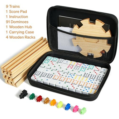 ELONGDI Mexican Train Double 12 Dominoes Set with 4 Wooden Trays/Racks in Portable Carrying Case Colorful 91 Tiles & 9 Trains Board Game for Family Game Night