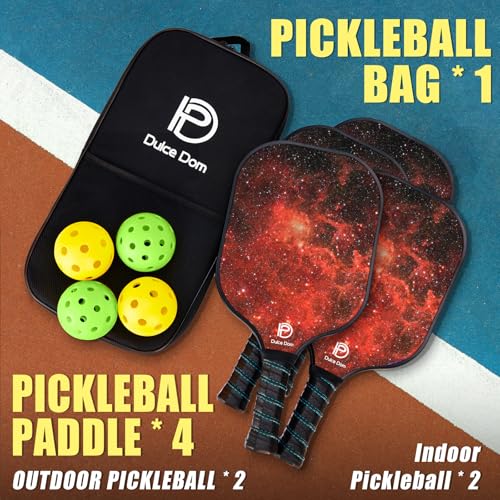 Dulce DOM Pickleball Paddles Set of 2/4 - USAPA Approved, 4 Indoor Outdoor Pickleball Balls, Fiberglass Surface Paddle Racket with Cover Bag, Ideal Training Equipment Gift for Men & Women - color: Red*4