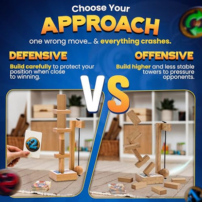 wreckingball Tower Stack Game - Ultimate Stacking Tower Game Adult & Family - Strategy Block Games for Kids & Adults - Tumbling Tower with Action Cards & Wrecking Ball - Fun Party & Block Game Set