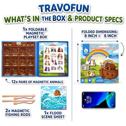 Travofun Noah's Ark Toy 4-in-1 Magnetic Travel Game for Kids, Fishing Game, Animal Matching Pairs & Word Learning, Screen-Free Busy Book, Christian Gifts Ages 3+ - style: Noah’s Ark Game
