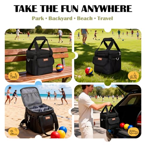 Bocce Ball Bag for 8 Balls, Bocce Ball Set Carrying Case with Removable Dividers, Padded Bocce Storage Bag with Shoulder Strap & Mesh Pockets for Lawn Games, Black (Bag Only)