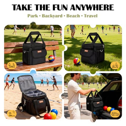 Bocce Ball Bag for 8 Balls, Bocce Ball Set Carrying Case with Removable Dividers, Padded Bocce Storage Bag with Shoulder Strap & Mesh Pockets for Lawn Games, Black (Bag Only)