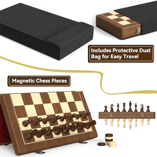 Premium Natural Walnut 15" Magnetic Wooden Folding Chess & Checkers Set- 2 in 1 Board Game with 3" King Staunton Pieces and 2 Extra Queens, Checkers, and Dust-Proof Storage Bag (Red) - color: Red