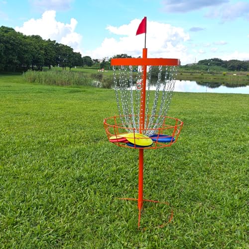 TARUMG Disc Golf Basket - Portable Disc Golf Target with Heavy Duty 24-Chains Come with Transit Bag and 3pcs Disc Golf Discs, Ground Stake -Suitable for Players of All Levels - Multi Color Available - style: Plus Orange