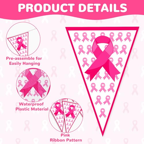 100 FT Breast Cancer Awareness Decorations, 3 Pack Pre-assemble Pink Ribbon Pennant Banner Flags, 60 PCS Plastic Pennants Flags Indoor Outdoor Party Supplies Home Office Ceiling Wall Hanging Decor - style: Breast Cancer