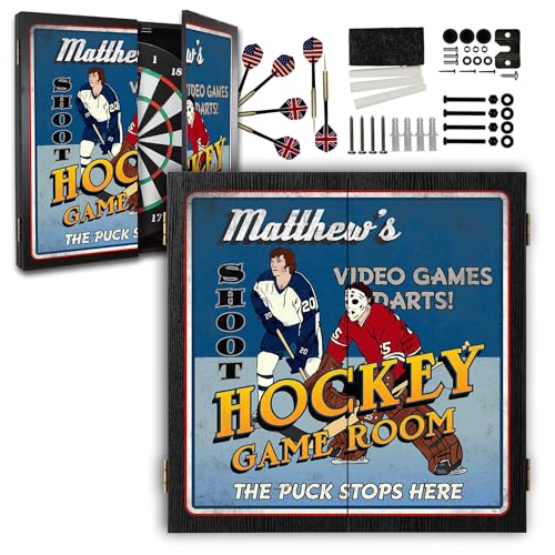Personalized Dart Board Cabinet Set with 6 Steel Tip Darts, Paper Dartboard, Chalk & Eraser (21.5 x 21.5 x 2.75) - Man Cave Dart Boards for Adults - style: Hockey