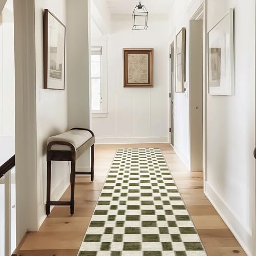 EVERGRACE Checkered Plaid Area Rug 2x10, Soft Fuzzy Faux Wool Rugs Washable Anti Slip Rugs Long Runner Carpet for Entryway Bedroom Living Room Hallway Kitchen Dining Room and Laundry, Olive Green - color: Olive Green, size: 2' x 10' (Runner)