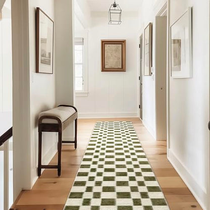 EVERGRACE Checkered Plaid Area Rug 2x10, Soft Fuzzy Faux Wool Rugs Washable Anti Slip Rugs Long Runner Carpet for Entryway Bedroom Living Room Hallway Kitchen Dining Room and Laundry, Olive Green - color: Olive Green, size: 2' x 10' (Runner)