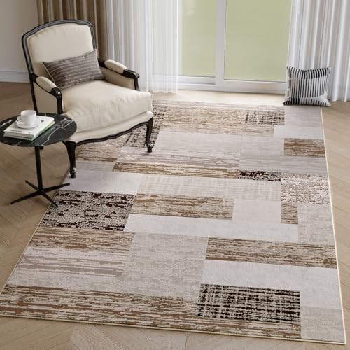 FlyDOIT Modern Geometric Patchwork Area Rug, 4x6 Beige Large Rugs for Living Room, Rockwood Collection Indoor Rugs for Bedroom, Throw Carpet Floor Decor for Entryway Dining Room Office Nursery - color: Beige, size: 4' x 6' (Rectangular)