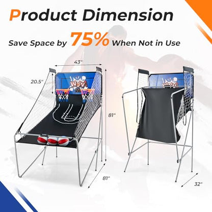 GYMAX Arcade Basketball Game Indoor Foldable with 8 Game Modes, Arcade Sound, 4 Balls and Inflation Pump, Electronic Basketball Games for Home - color: Blue