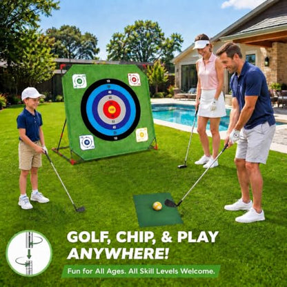Golf Chipping Game, Battle Game for Kids & Adults, Giant 54”x54” Golf Target Mat with 16 Sticky Balls, 8 Bean Bag, 6 Axe & 2 Soccer, Perfect for Family Fun, Lawn, Poolside, Backyard Party