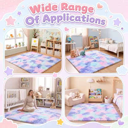 16 Pcs Hot Pink Purple Faux Fur Floor Tiles, 11.8 x 11.8 in Puzzle Girls Play Soft Tiles, 1.5 Inch Shaggy Square, EVA Foam Floor Mat for Nursery, Playroom, Bedroom, Toddler Room, Daycare - color: Hot Pink Purple
