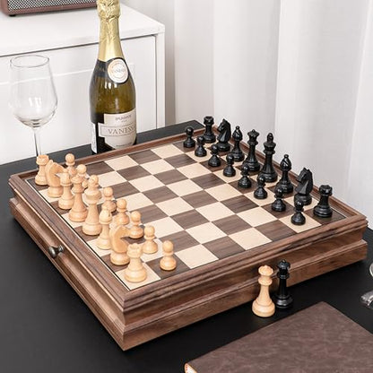 A&A 15 inch Walnut Wooden Chess Set with Storage Drawer, Triple Weighted Pieces, 3.0 inch King Height, Walnut & Maple Inlay, 2 Extra Queen, Classic 2 in 1 Chess and Checkers Board Game