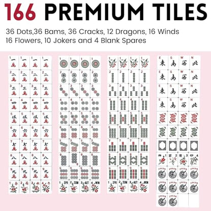American Mahjong Tile Set,166 White Tiles Mahjong Set,4 Colors Mahjong Racks,Travel Mahjong Set with Red Carrying Bag - style: Red Bag