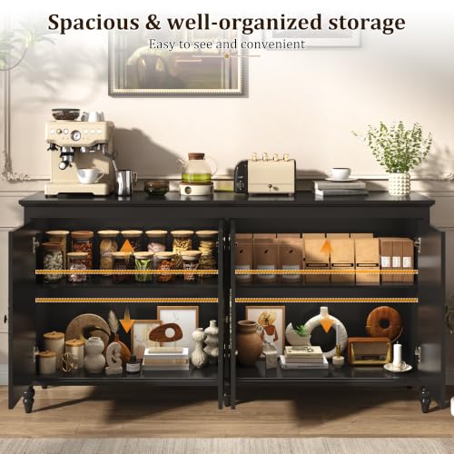 Hlivelood 65" Buffet Cabinet with Storage, Mid Century Modern Sideboard with Adjustable Shelves, Paint Cabinet, Wood Carving Design, Brass Carved Handles & Solid Wood Gourd Legs, Classic Black - color: Classic Black