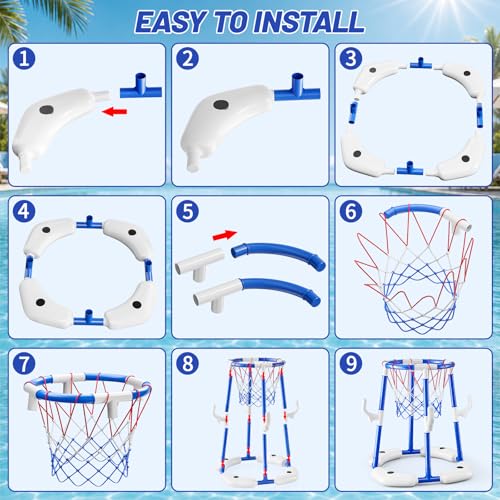 JUKUDAHU Pool Basketball Hoop, Boy Pool Toys for Kids Ages 4-8, 2-in-1 Floating Pool Ring Game with 4 Balls and Pump, Outdoor Swimming Water Play Toy, Summer Water Toys for Kids Adults Age 3-12 - color: Blue