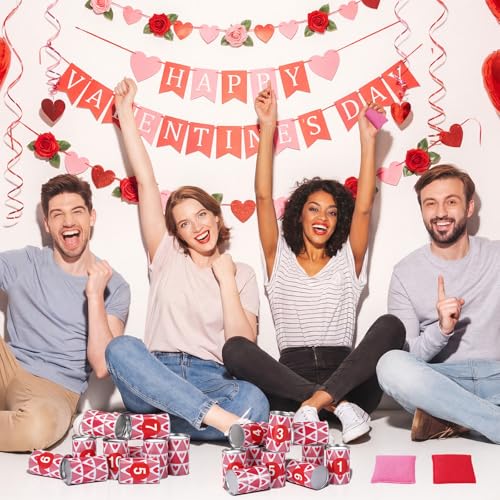 30 Pcs Valentine's Day Carnival Bean Bag Toss Party Game, Knock Down Can Games Set, Includes 20 Metal Can 8 Bean Bags 2 Set Number Stickers for Outdoor and Indoor Games Carnival Party