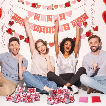 30 Pcs Valentine's Day Carnival Bean Bag Toss Party Game, Knock Down Can Games Set, Includes 20 Metal Can 8 Bean Bags 2 Set Number Stickers for Outdoor and Indoor Games Carnival Party