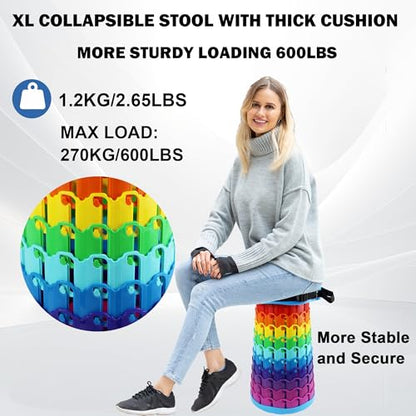 ALEVMOOM 2026 Collapsible Stool with Thick Cushion, H18.1 D10.24 More Sturdy Capacity 600Ib,Collapsible Adjustable Folding Stool for Camping Hiking Mountain Garden BBQ - color: Rainbow