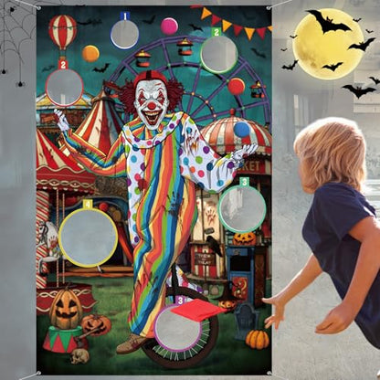 WovWeave Halloween Toss Game Banner with 3 Bean Bags Scary Clown Toss Banner Halloween Carnival Party Throwing Game for Kids Adults Trick or Teat Circus Party Favors Supplies