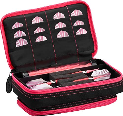 Casemaster Plazma Plus, 3 Dart Case for Soft and Steel Tip Darts Features Large Front Mobile Device Pocket, Built-in Storage Tube and Pockets for Flights, Tips, Shafts, and Personal Items - color: Pink Trim