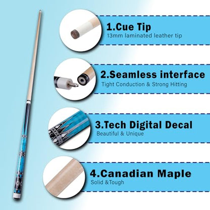 13mm 58 Inch 19 20 oz Billiard Pool Cue Stick, 1/2 Maple Billiard Pool Stick, House Bar Pool Table Sticks for Men - color: Blue 19 oz