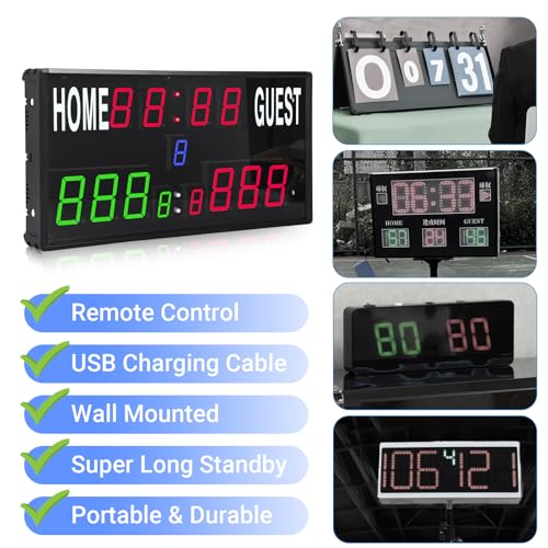 Samshow 2025 LED Electronic Scoreboard Digital Score Keeper with Remote, Basketball Scoreboard with Shot Clock & Timer & 12/24h Real Time for Football/Corn Hole/ping Pong/Table Tennis - style: 2025 6 digital led scoreboard-no tripod