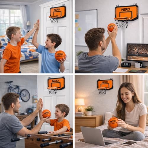 NERO SPORT Mini Basketball Hoop and Silent Ball Combo, Indoor Wall-Mounted Basketball Hoop Set with Quiet Foam Ball, Mini Backboard and Mounting Hardware for Kids, Teens, Dorm, Bedroom and Office