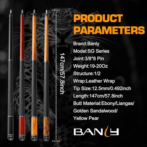 Banly Carbon Fiber Pool Cue Stick 12.5mm Time Crystal Tip, Low Deflection Pool Cue Professional Billiard Cue Sticks with Gift Box - color: 1-Ebony Wood