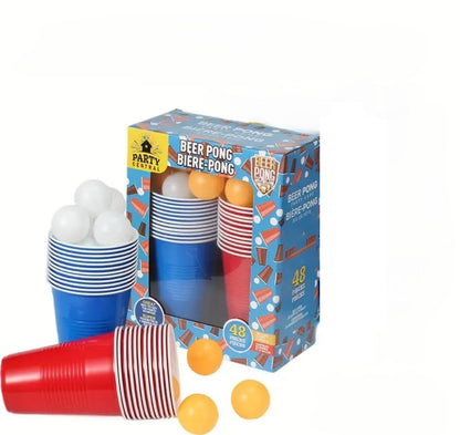 Beer Pong Game Set, 48 Pieces, 24 Red and Blue Reusable Cups with 24 Balls