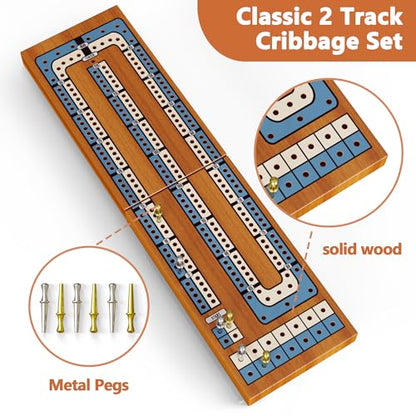 Small Size Travel Wooden Cribbage Board Game Set – 2-Track Foldable Cribbage with Magnetic Storage, 6 Metal Pegs & Full Deck of Cards – Perfect for Family Game Night, Traveling & Camping - style: Foldable