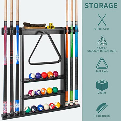 Black Pool Stick Holder, Wall Mount Pool Cue Rack ,Solid Wood Floor Stand for billiard cue sticks,Holds 6 Pool Cues & a Full Set of Balls,Professional Pool Table Accessories for Billiard Room or Club