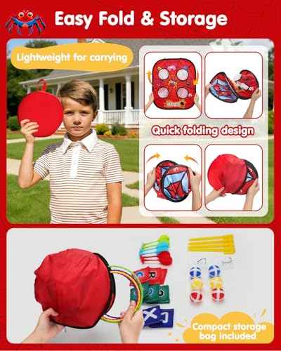 5-in-1 Bean Bag Toss Game for Kids Ages 3-8, Outdoor Cornhole Set with 3 Interchangeable Boards (Toss/Dart/Tic-Tac-Toe), Includes 8 Beanbags 6 Balls/Darts/Rings, Backyard Toys for Boys - style: Spider