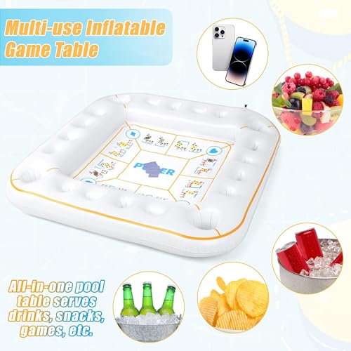 Elcoho 55 x 55 Inch Extra Large Inflatable Game Table with Waterproof Playing Cards Floating Pool Table Drink Holder Inflatable Ice Serving Tray Buffet Bar for Pool Summer Party, White - color: White
