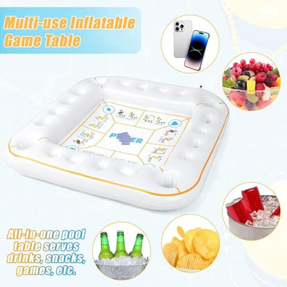 Elcoho 55 x 55 Inch Extra Large Inflatable Game Table with Waterproof Playing Cards Floating Pool Table Drink Holder Inflatable Ice Serving Tray Buffet Bar for Pool Summer Party, White - color: White