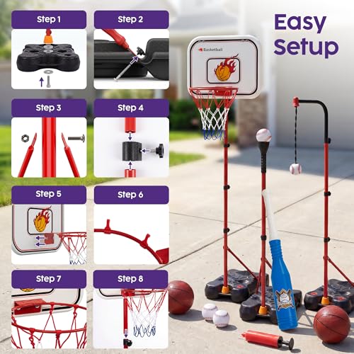 Kids Basketball Hoop Set with T Ball Stand, 4 in 1 Adjustable Kids Sports Toy Indoor Outdoor, Basketball Goal for Kids 2 to 8, Easy Setup, Durable Base, Gift Toy