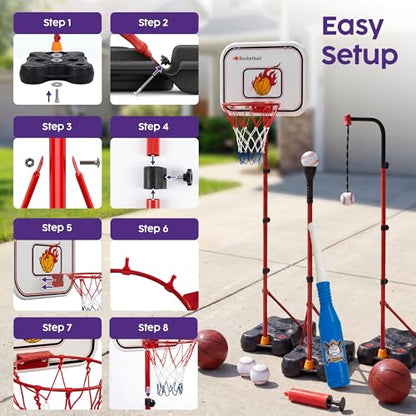 Kids Basketball Hoop Set with T Ball Stand, 4 in 1 Adjustable Kids Sports Toy Indoor Outdoor, Basketball Goal for Kids 2 to 8, Easy Setup, Durable Base, Gift Toy