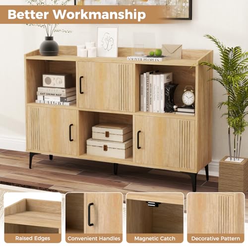 LOKO 47” Wide Storage Cabinet, Large Bookcase with 3 Door Cabinets & Open Shelves, Wood Buffet Cabinet, Sideboard with Anti-tip Kits, Freestanding Storage Cabinet for Living Room, Dining Room