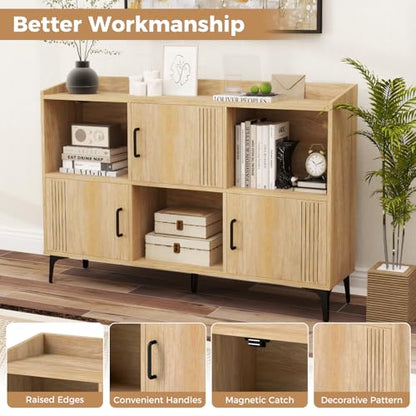 LOKO 47” Wide Storage Cabinet, Large Bookcase with 3 Door Cabinets & Open Shelves, Wood Buffet Cabinet, Sideboard with Anti-tip Kits, Freestanding Storage Cabinet for Living Room, Dining Room