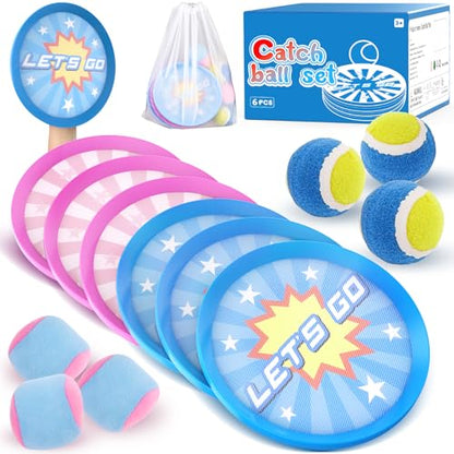 Toss and Catch Ball Set with 6 Paddles 6 Balls, Outdoor Toys for Kids Beach Toy Pool Sports Toys for Kids Age 3+, Summer Toys Birthday Gifts for 3 4 5 6 7 8 9 10 Year Old Boys Girls