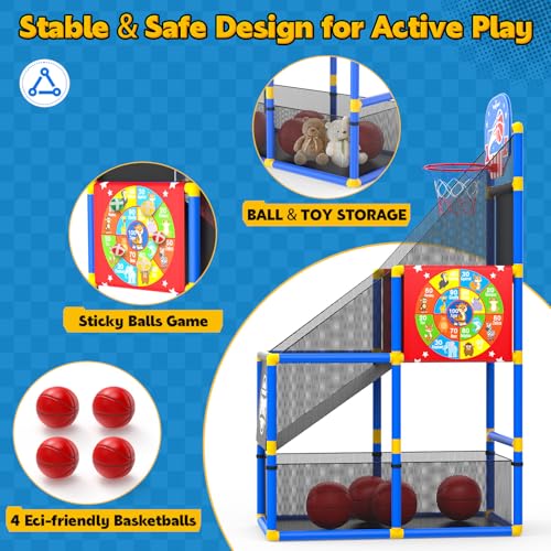 EagleStone 2-in-1 Kids Arcade Basketball Hoop with Dart Board,4 Balls Adjustable Height Basketball Toy Indoor Outdoor Carnival Games Gift for Boys Girls Toddlers Ages 3-6 Years Old,Pump Included - color: Red