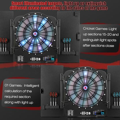 Electronic Dart Board Cabinet Set, Illuminated Target Dartboard for Adults, 48 Games with 315 Variations Soft Tip Digital Dartboard Cabinets with 6 Darts, 100PCS Soft Tips