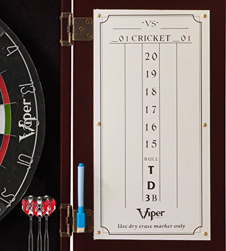 Viper Hudson All-in-One Dart Center: Classic Solid Wood Cabinet & Official Sisal/Bristle Dartboard Bundle with Steel-Tip Dart Set, Dry Erase Scoreboard & Out-Chart, Mahogany Finish - style: Elite