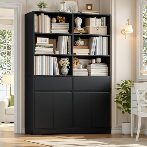 FOTOSOK 69" H × 47.2" W Tall Bookshelf with Doors, 6-Tier Double Wide Bookshelves and Bookcases with Storage, Tall Bookshelf Large Open Book Shelf Storage Cabinets for Home Office - color: Black